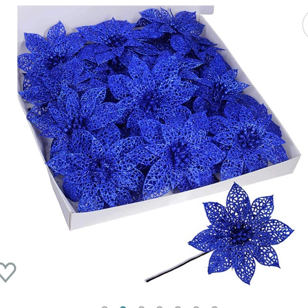 24 Pack Blue Glitter Poinsettia Flowers Picks NIB